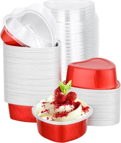 Miniatura 13 de EUSOAR Moldes para hornear en forma de corazón, de papel de aluminio, de 3.4 onzas, con tapas, aperitivos, postres, flan, cupcakes, tartas, ramekin