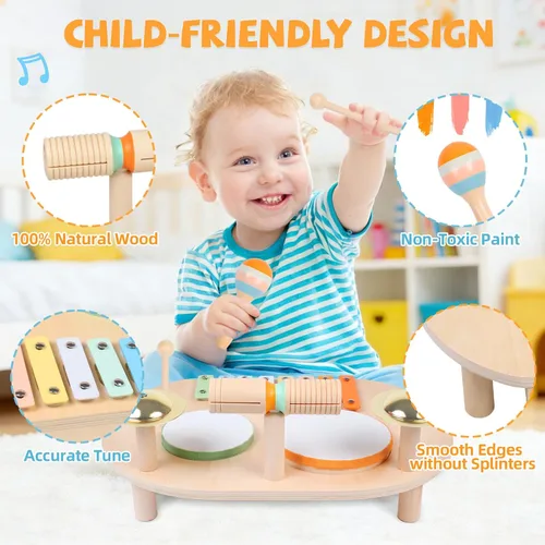 Miniatura 4 de YHHYTOY Juego de batería para bebé, instrumentos musicales de madera para bebés de 1 a 3 años, juego de percusión de mesa de actividades musicales