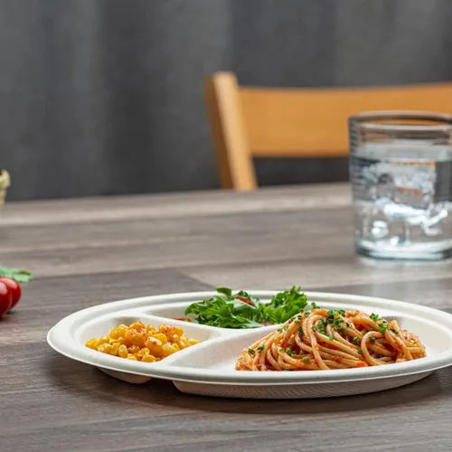 Miniatura 3 de GUSTO Platos de papel de caña de azúcar de 10 pulgadas con 3 compartimentos [125 unidades] Vajilla dividida compostable resistente – Platos