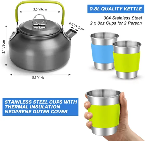 Miniatura 2 de Odoland 15pcs Camping Cookware Mess Kit, Non-Stick Lightweight Pot Pan Kettle Set with Stainless Steel Cups Plates Forks Knives Spoons for Camping