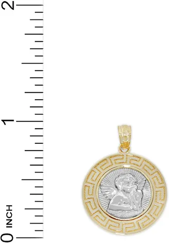 Miniatura 3 de Colgante de medallón de ángel de la guarda de oro - Patrón de llave griega - Oro macizo de 14 quilates, Oro amarillo