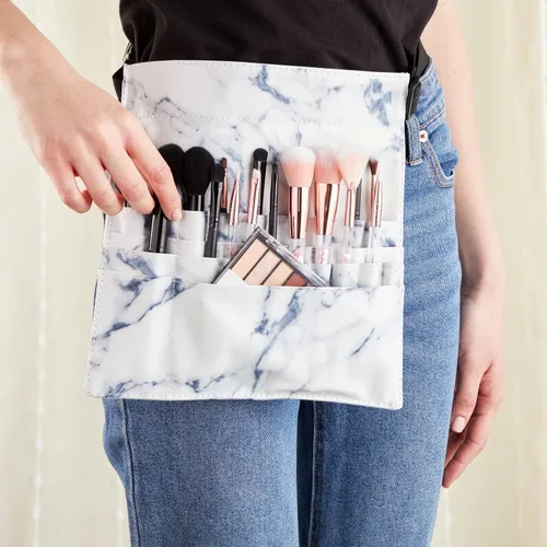 Miniatura 3 de Cinturón de brochas de maquillaje de mármol con 22 bolsillos (10.2 x 9.7 x 2 pulgadas), Blanco