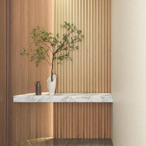 Miniatura 10 de Art3d Paneles de pared de madera de listones para decoración de interiores y techos, paquete de 4 piezas + 1 moldura final, tamaño 108 x 5.7 Roble