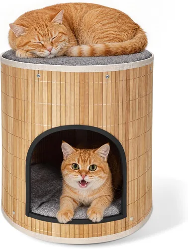 Camas para gatos en casa, cueva de bambú tejida a mano, cubo para mascotas, casas grandes para gatos, 2 alfombrillas de cama, plegable, escondite,