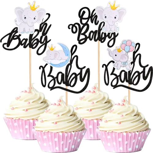 Paquete de 24 decoraciones para cupcakes de elefante Oh Baby con purpurina para decoración de cupcakes de elefante Oh Baby Baby para cumpleaños,