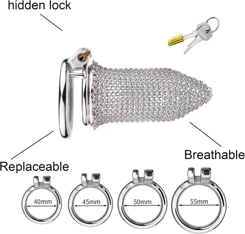 Miniatura 8 de MFMYEE Jaula para pene SM de acero inoxidable, jaula de malla para el pene con 4 anillos para la polla, juego de dispositivos de castidad masculina
