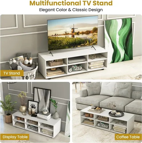 Miniatura 9 de Tangkula Soporte de TV con 6 compartimentos para televisores de hasta 55 pulgadas, centro de entretenimiento de madera blanca con 6 cubos