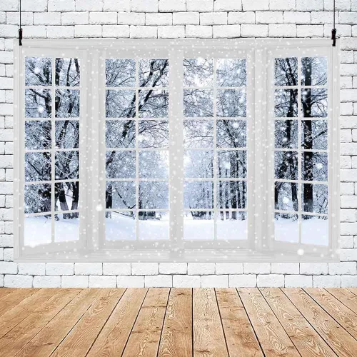 Miniatura 5 de MEHOFOND Telón de fondo de fotografía de invierno de 8 x 6 pies con diseño de bosque de nieve blanca, ventana, copo de nieve, árbol, decoración
