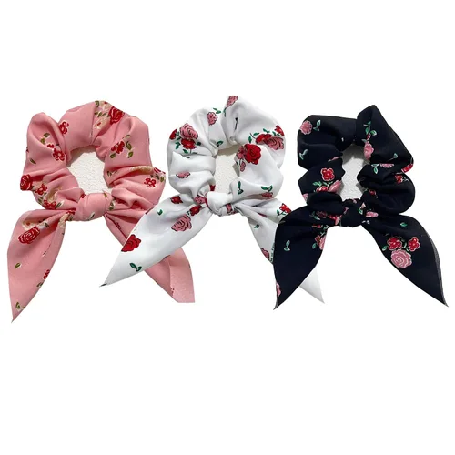 Miniatura 9 de Coleteros para el cabello con lazo anudado para el cabello, bufanda blanca y negra, soporte de cola de caballo de gasa para mujeres, accesorios