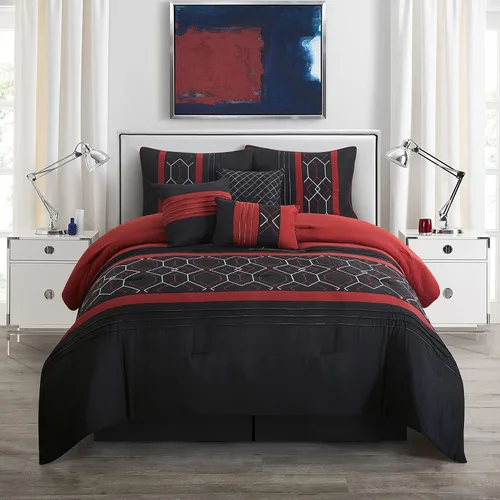Miniatura 2 de Grand Avenue Juegos de cama con diseño geométrico negro/rojo, tamaño Queen con edredón, 7 piezas, funda de almohada, falda de cama, almohada