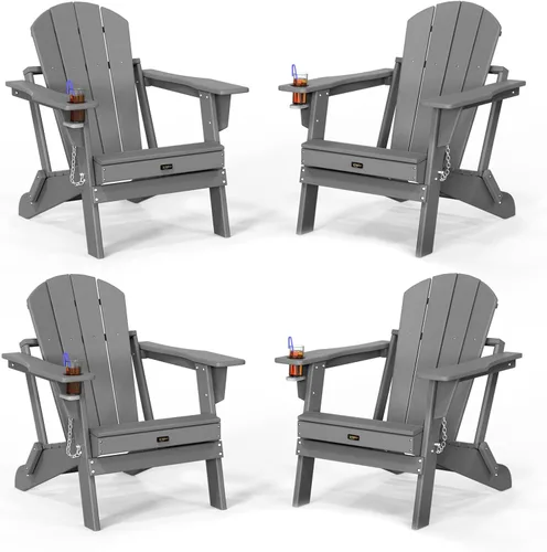 Miniatura 10 de VINGLI Sillas Adirondack de plástico, plegables con soporte para tazas, material de polietileno de alta densidad impermeable, cómoda capacidad