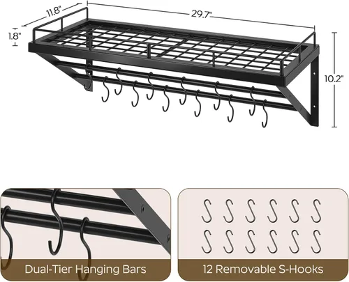 Miniatura 3 de YATINEY Estante para ollas, estante de pared de 30 pulgadas, organizador de ollas y sartenes de cocina con rieles colgantes de 2 niveles, 12 ganchos
