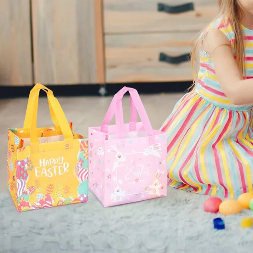 Miniatura 6 de PARSUP 8 bolsas de Pascua con diseño de conejo, zanahoria, huevos de gallina, bolsas no tejidas con asas para envolver regalos, caza de huevos