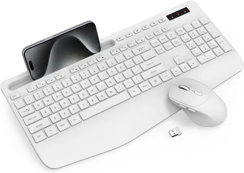 Miniatura 15 de Combo de teclado y ratón inalámbrico - Teclado ergonómico de tamaño completo con reposa muñecas, soporte para teléfono, modo de suspensión, combo