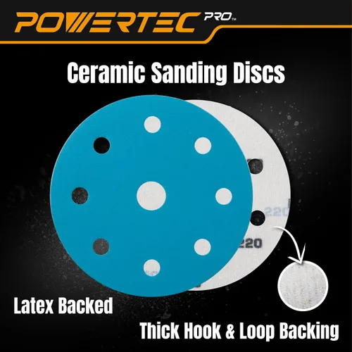 Miniatura 2 de POWERTEC PRO 45900C-45 - Disco de lijado surtido de 9 agujeros de 5 pulgadas, grano 80/120/220, discos de respaldo de gancho y bucle de cerámica