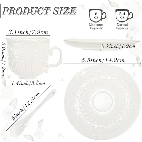 Miniatura 2 de ZAVOOS Juego de 6 tazas de té y platillo, tazas de té de porcelana vintage pequeñas de 6 onzas con cuchara, juegos únicos de tazas de capuchino