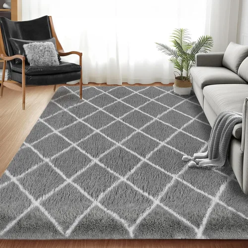 Miniatura 12 de Alfombra de área súper suave en blanco y negro, de 5 x 7 pies, alfombra clásica a cuadros de pelo alto mullida para dormitorio, sala de estar, Negro