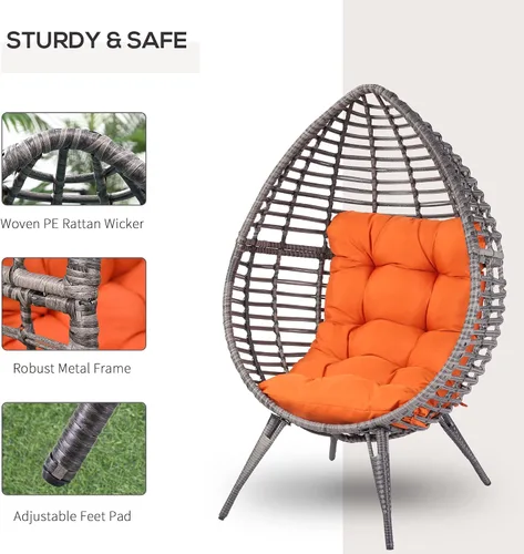 Miniatura 4 de Outsunny Silla de mimbre para patio con cojín suave, asiento de lágrima, silla de patio para exteriores/interiores, muebles de ratán de plástico PE