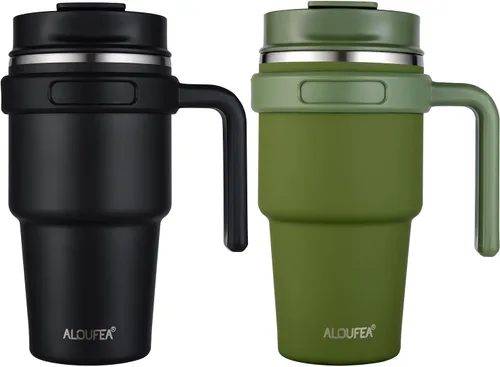 Miniatura 28 de Taza/vaso de café aislado de 20 onzas con asa, vaso de viaje de acero inoxidable con tapa y popote, vaso de doble pared con aislamiento al vacío a