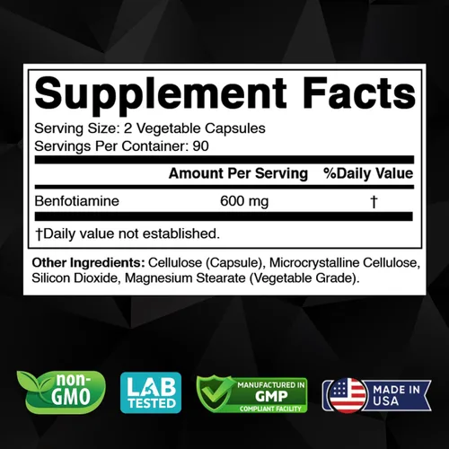 Miniatura 2 de Vitabod Benfotiamina 600mg - 180 cápsulas vegetarianas - Suplemento de vitamina B1 soluble en grasa