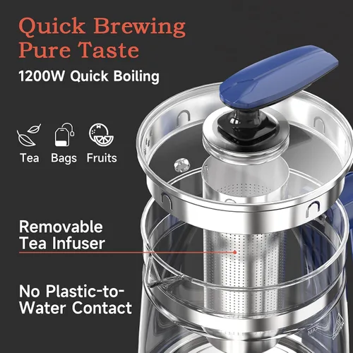 Miniatura 5 de Hervidor Eléctrico de Vidrio Caliente con Infusor de Té y Control de Temperatura, Tetera de Acero Inoxidable de 1.5L y Hervido Rápido de 1200W, Azul