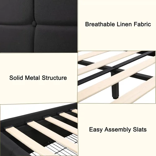 Miniatura 6 de Moderna base de cama tapizada con 4 cajones de almacenamiento, cama de plataforma con cabecera capitonada con botones ajustables, soporte de Negro