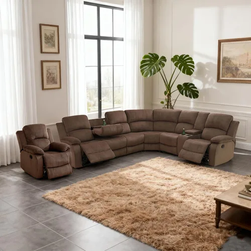 Miniatura 26 de Juego de sofá modular reclinable manual para sala de estar, sofá reclinable en forma de L, seccional de cuero con portavasos/almacenamiento