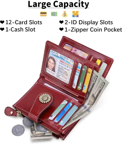 Miniatura 122 de SENDEFN - Billetera pequeña de piel auténtica para mujer, diseño plegable con ventana para tarjeta de identificación