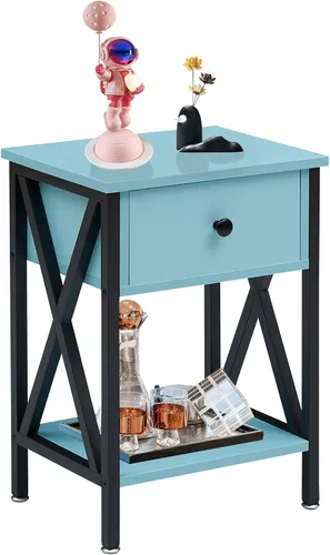 Miniatura 13 de VECELO - Mesita de noche moderna, mesa auxiliar de cabecera con cajón y estante de almacenamiento para sala de estar y dormitorio, marco de metal
