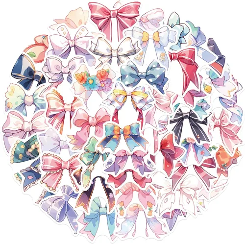 Miniatura 7 de Calcomanías estéticas de lazos para niñas, 50 calcomanías vintage de anime con nudo de lazo, vinilo impermeable con lazos rosas para botella