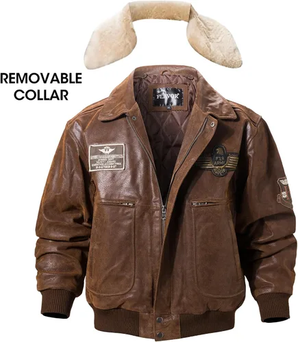 Miniatura 3 de FLAVOR Chaqueta bomber de cuero real para hombre con cuello de piel extraíble Aviator