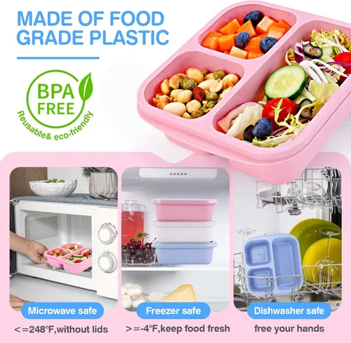 Miniatura 2 de Rinwoc Caja Bento [tamaño de la porción], paquete de 3 recipientes para aperitivos con 3 compartimentos para preparación de comidas y sobre