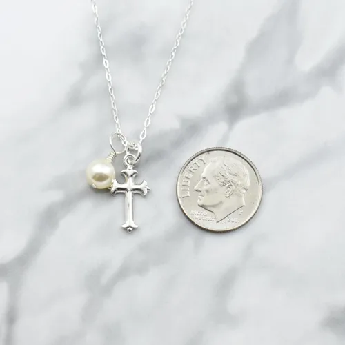 Miniatura 2 de Collar de cruz de plata de ley con perla de 0.236 in Cadena de 14 pulgadas Cruz de bautismo de ahijado Delicada joyería cristiana para primera