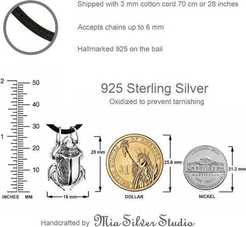 Miniatura 5 de 925 Sterling Silver Egyptian Scarab Beetle Necklace - Attract Money Wealth Amulet - Ancient Egypt Good Luck Talisman - Realistic Detailed Bug