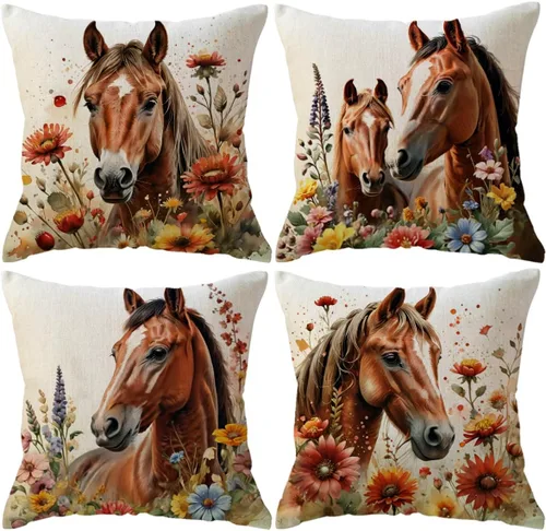 ULOVE LOVE YOURSELF Paquete de 4 fundas de almohada de caballo con flores silvestres, fundas de almohada de caballo en acuarela rústica para Marrón