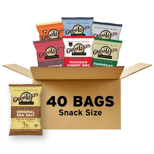 Great Lakes Potato Chip Co. Paquete variado de papas fritas cocidas en hervidor, caja individual tamaño aperitivo (paquete de 40, bolsas de 1.375