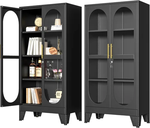 Miniatura 22 de PAOFIN Vitrina de Exhibición con Cerradura de 47" de Alto con Puerta de Vidrio, Gabinetes de Metal con 3 Estantes Ajustables, Gabinete Vitrina