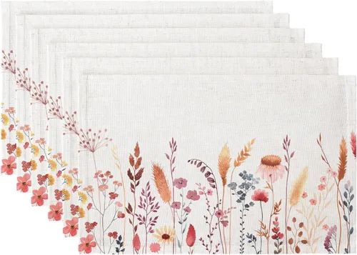 QIYI Juego de 6 manteles individuales bohemios de 12 x 18 pulgadas, manteles individuales florales de tela de lino para cocina y comedor, manteles