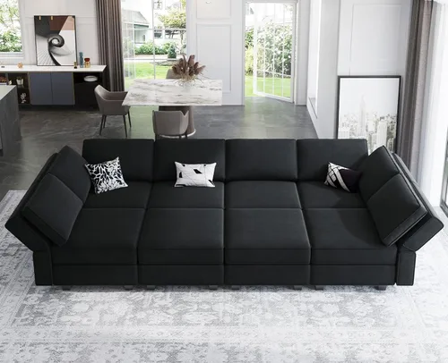 Miniatura 14 de Belffin - Sofá cama modular con otomanas, de terciopelo, reversible y con asiento con almacenamiento, color azul