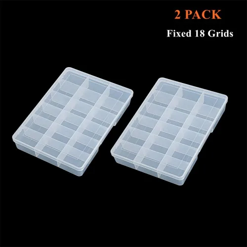 Miniatura 8 de Paquete de 2 cajas fijas de plástico transparente con compartimento de 18 rejillas, organizador transparente con tapa para cuentas, botón, hardware