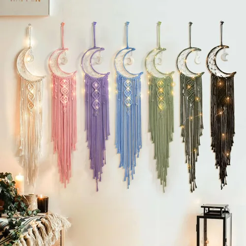 Miniatura 6 de ANROYE Colgante de pared tejido de macramé bohemio, crochet, luna creciente, estrella, atrapasueños con borla larga, algodón verde, hecho a mano