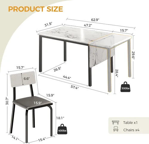 Miniatura 2 de IRONCK Mesa de comedor extensible de 5 piezas de 63 pulgadas con 4 sillas tapizadas, juego de mesa de cocina para 4-8 personas, juegos de comedor