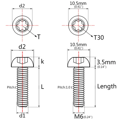 Miniatura 2 de Cabeza de botón de titanio Torx M5 M6 M8 x10 12 15 20 25 30 35 1.575 in para bicicleta, motocicleta, automóvil, tornillos paquete de 6