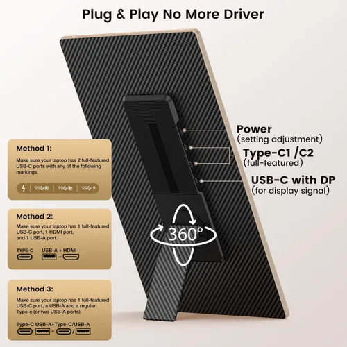 Miniatura 5 de Extensión de Pantalla para Laptop de 15.6 Pulgadas, Monitor Portátil FHD de 1080P con 120% sRGB, Pantalla Desmontable de 235º de Rotación, Conectar