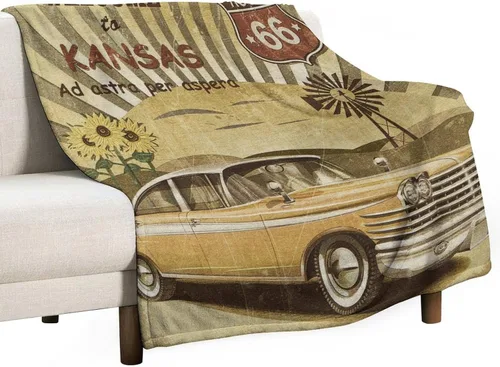 Miniatura 73 de Manta de motocicleta antigua, rústica y clásica, con temática de auto clásico, ruta de EE. UU., 66, patrón impreso, manta de franela súper suave