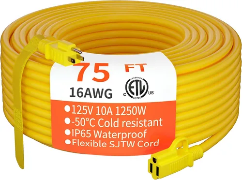 Miniatura 11 de HUANCHAIN Cable de extensión para interiores y exteriores, 50 pies, impermeable, calibre 16/3, flexible, resistente, cable de extensión para Amarillo