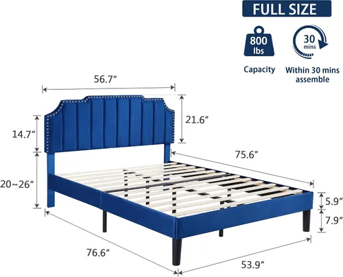 Miniatura 2 de VECELO Base de cama tamaño matrimonial tapizada con cabecera ajustable copetuda/base de colchón con soporte de listones de madera, fácil montaje