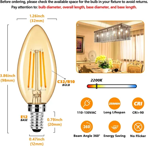 Miniatura 2 de E12 LED Candelabra Bulbs 40 Watt Equivalent, 4W Vintage Candle Light Bulbs Dimmable, 350Lm Amber Warm White 2200K B10 Edison Bulb, Filament Clear