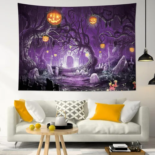 Miniatura 5 de EOBTAIN Tapiz de Halloween espeluznante calabaza y murciélago en árbol muerto en bosque morado de terror, tapiz de pared de cementerio gótico