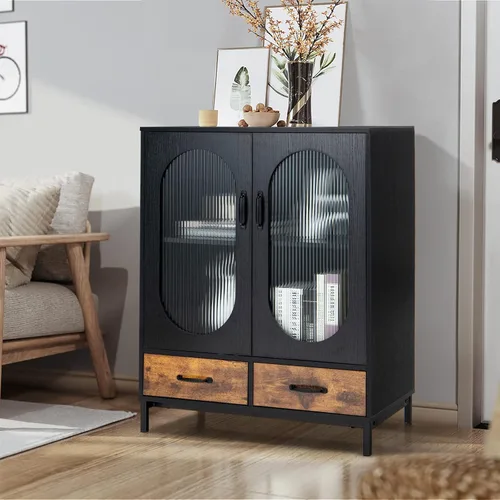 Miniatura 2 de Giantex Armario buffet con 2 cajones, aparador de madera, armario de pie de 2 niveles con puertas de vidrio templado, gabinete de almacenamiento